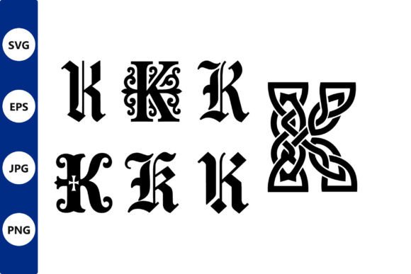 Gothic Blackletter Letter K Set with Interlaced Knot Design